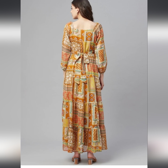 Cottinfab Women Mustard Yellow Ethnic Printed A-Line Maxi Dress - Picture 2 of 7